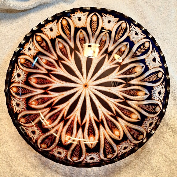 Vintage Czech Bohemian Cut to Clear 12.5" Bowl Feather Pattern Brown Orange - Picture 5 of 16